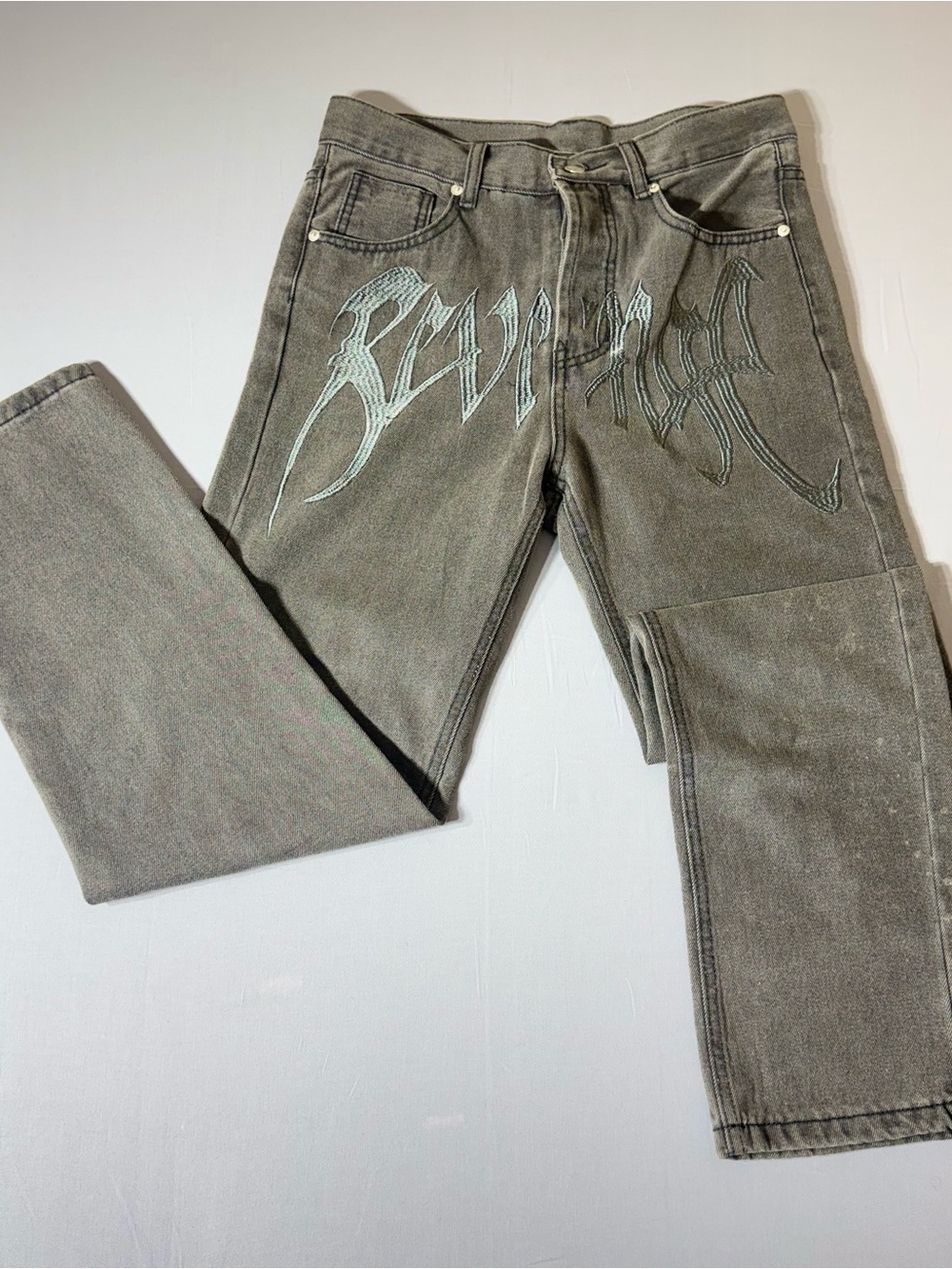 Revenge Clothing Gray Slim Straight Jeans with Mint Embroidered Logo‎